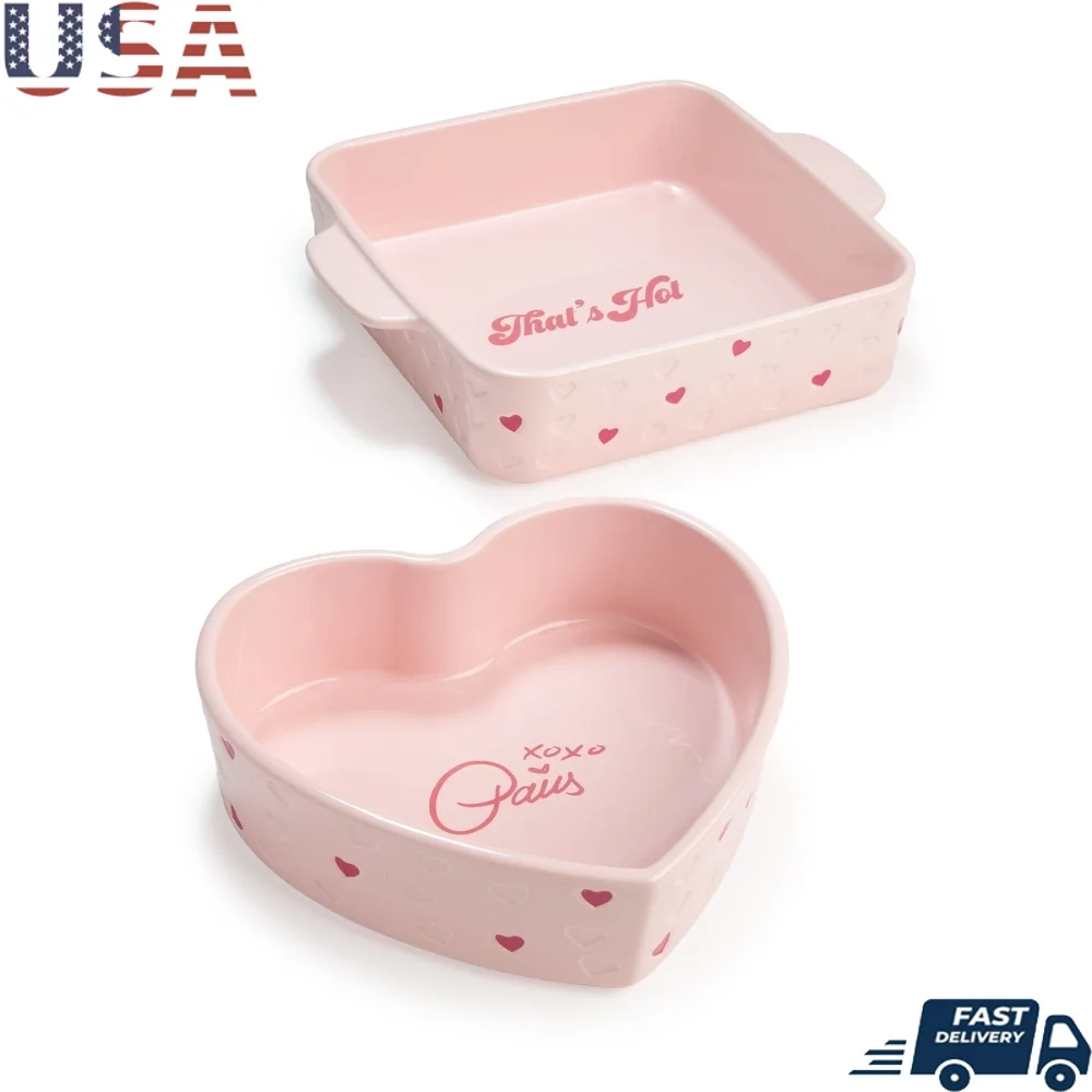 

2 Piece Ceramic Baker Set Oven Safe Dishwasher Safe Square Heart Shape Baking Set Ideal Casseroles Desserts Stylish Pink Finish
