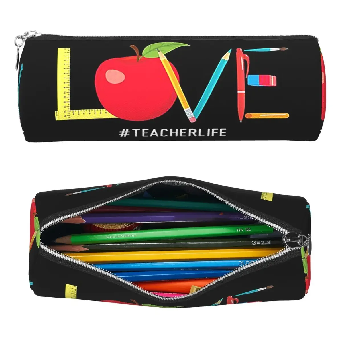 Love Teacher Life Apple Pencil Pencil Cases Pen Holder Cylinder Pen Box Pencil Bag for Students Gifts