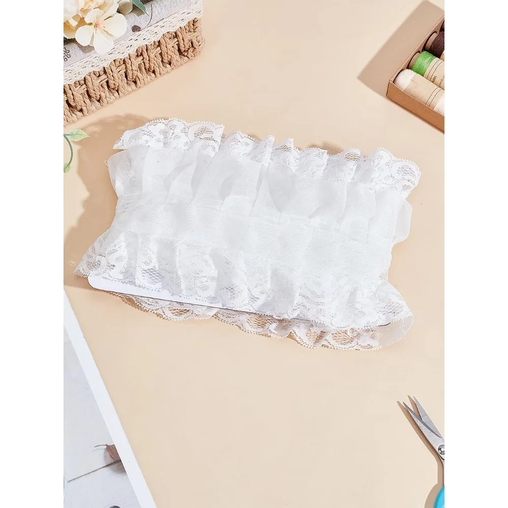 1M 3-Layer Pleated Chiffon Flower Lace Trim Polyester Ribbon for Jewelry Making Garment Accessories White 4 inch(100mm)