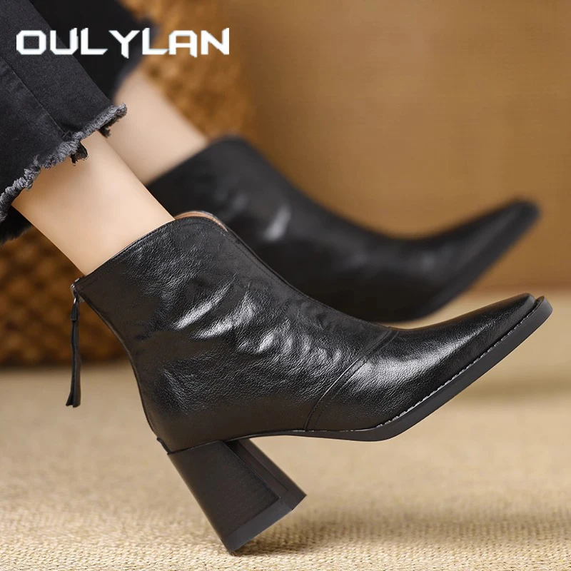 

Oulylan/Короткие сапоги на высоком каблуке в стиле ретро, туфли на массивном каблуке с квадратным носком, модные женские ботинки большого размера на молнии сзади