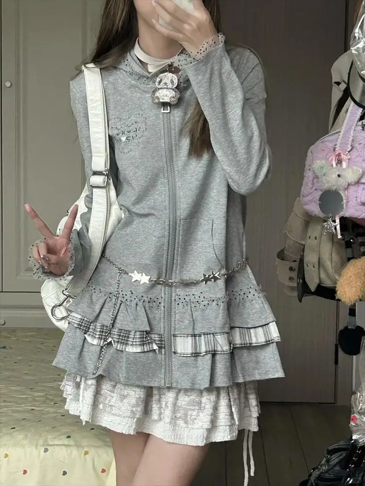 Y2K hot girl gray lace splicing plaid sweater hooded cardigan coat Harajuku casual retro autumn new ins cake skirt