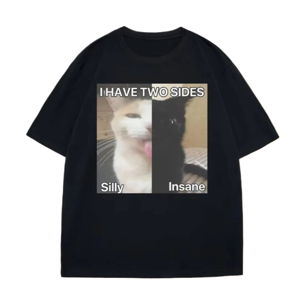 

2025 Забавная футболка с принтом Meme Weird. Модная хлопковая футболка с коротким рукавом и круглым вырезом. Футболка с двумя сторонами Silly and Insane Cat.