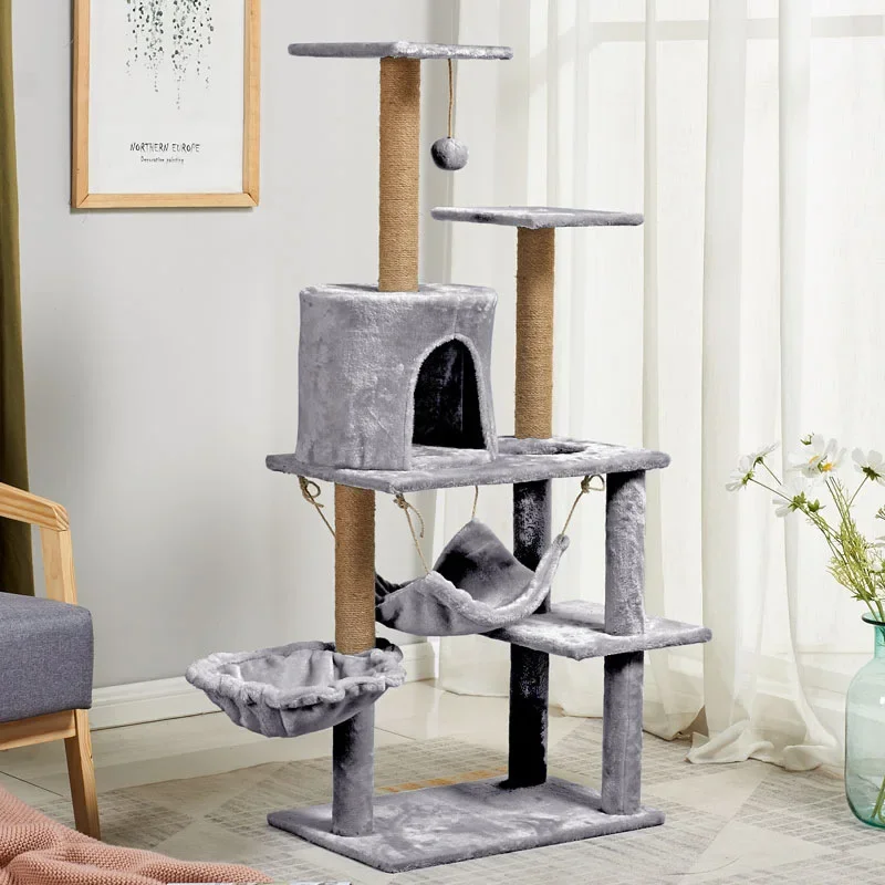 38 * 55 * 130Cm Jump Sisal Climbing Frame Wooden Pillar Cat Tower Toy Hammock Tree Cat Tree Big Cat Scraper