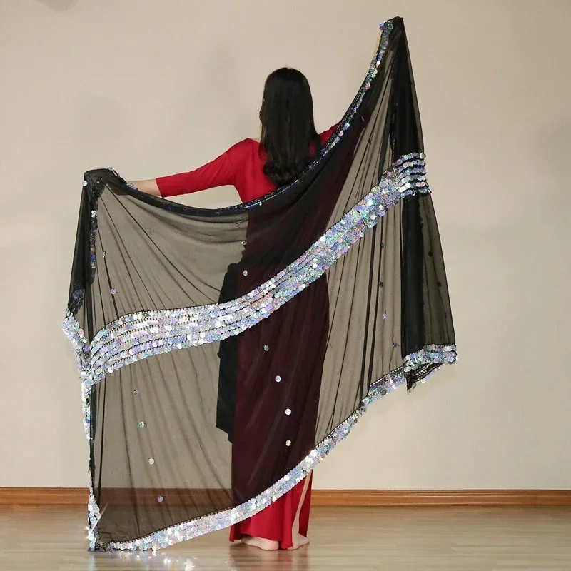 Belly Dance Silk Veils Hand Thrown Scarf Shawl 230cm*140cm Malaya Silk Veil 3 Color Sequins Belly Dancer Accessories For Women