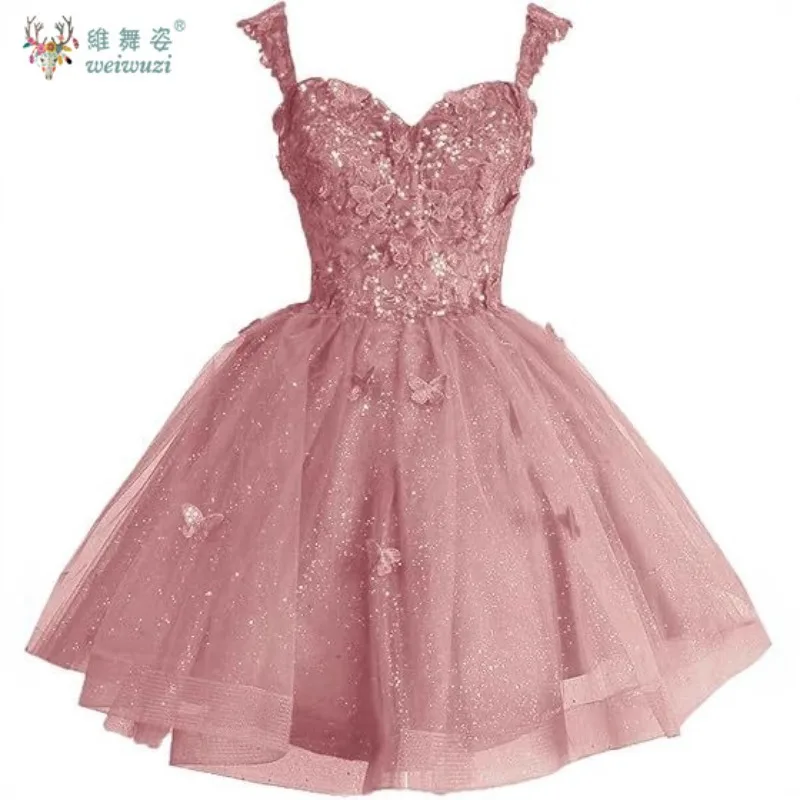 

Off The Shoulder Short Lace Prom Dresses Sweetheart Butterfly 3D Appliques Glitter Tulle A-line Cocktail Evening Dresses