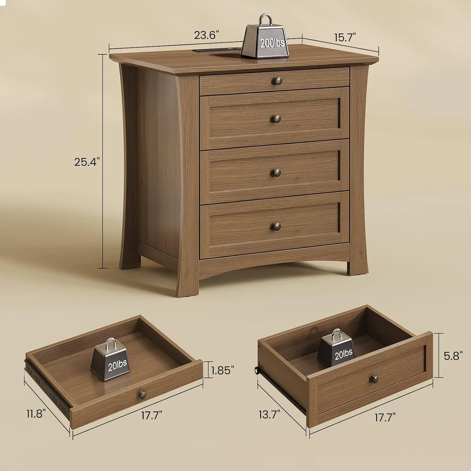 Nightstand with Charging Station, Walnut Nightstand with 3 Drawers and Pull-Out Tray, 25.4 Inch Tall Night Stand, Customized
