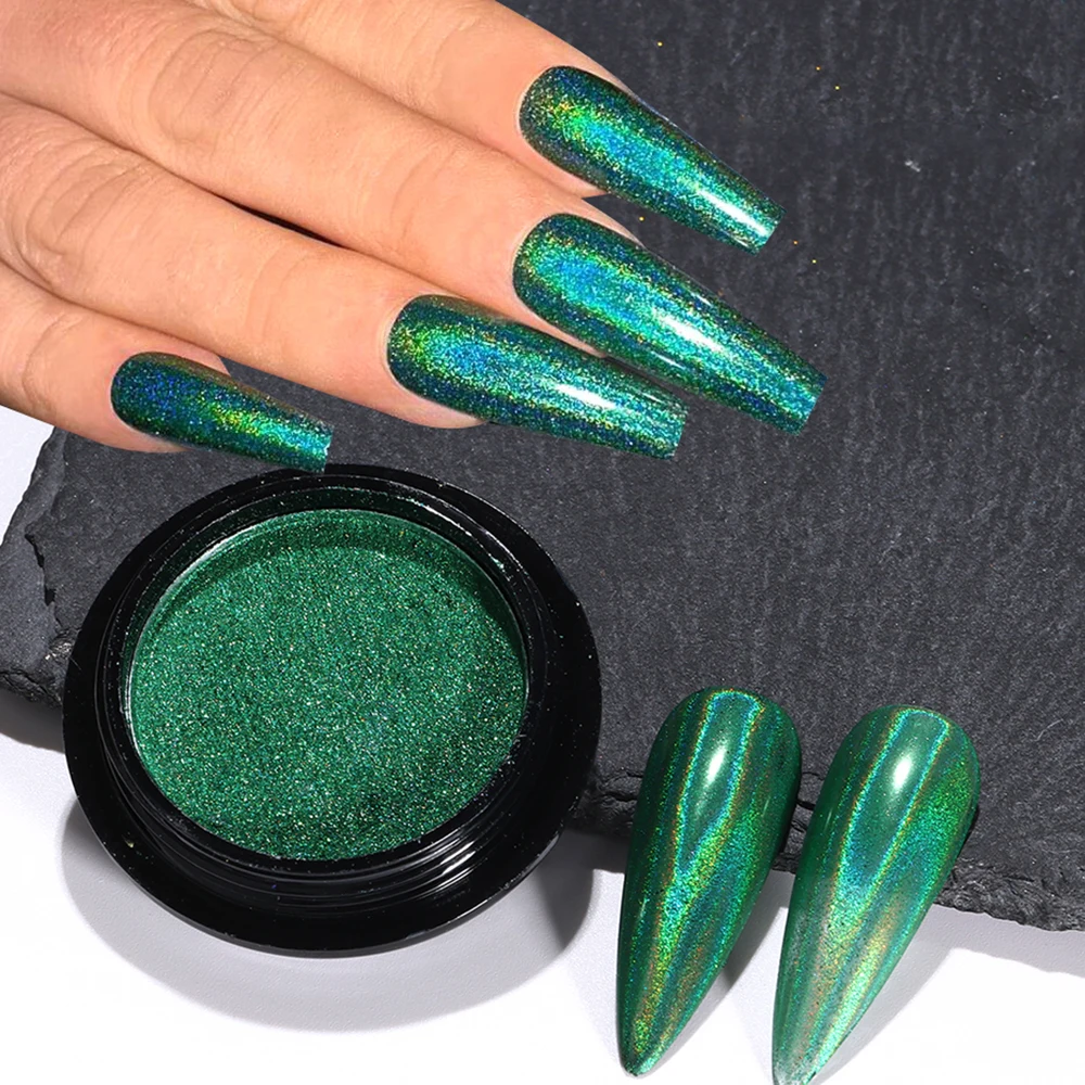 الأخضر الكروم الأظافر بريق مسحوق الغبار المجسم الأزرق فرك على مسحوق مرآة الصباغ عيد القديس باتريك موضوع مانيكير ديكور