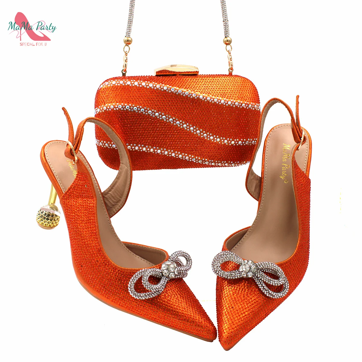 Fashionable Italian  for Heels Height 10 CM in Orange Color Decorated with Crystal African Women Sandals for Ladies Party