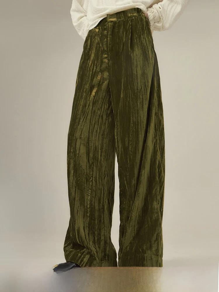 

U Are Olive een Velvet Wide Leg Pants Retro Aesthetic Early Autumn Casual Trousers iny Pure Color High Waist Commute Sle