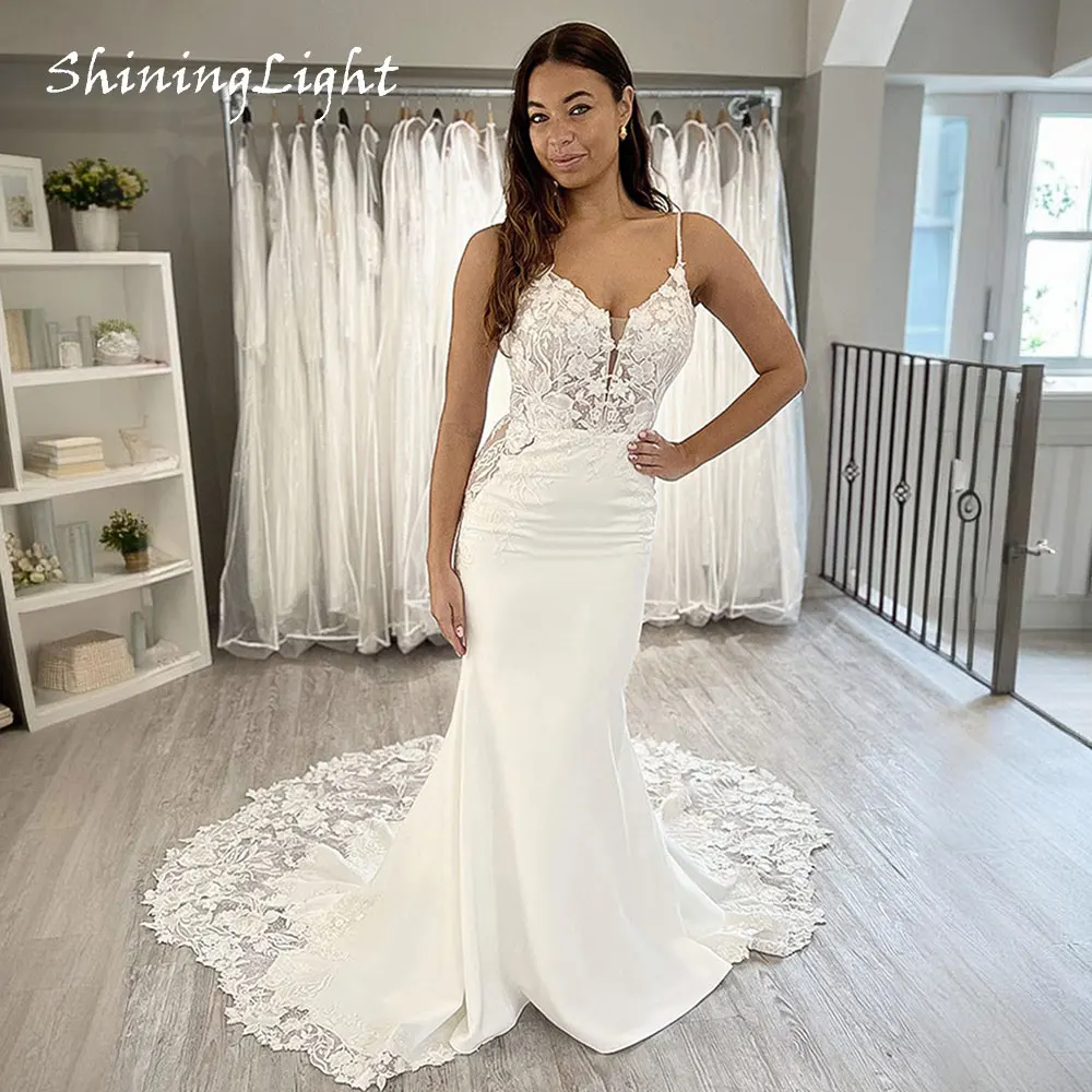 

ShiningLight Exquisite Spaghetti Straps Wedding Dresses for Women V-neck Court Train Vestido Boho Mermaid Bridal Gown Customized