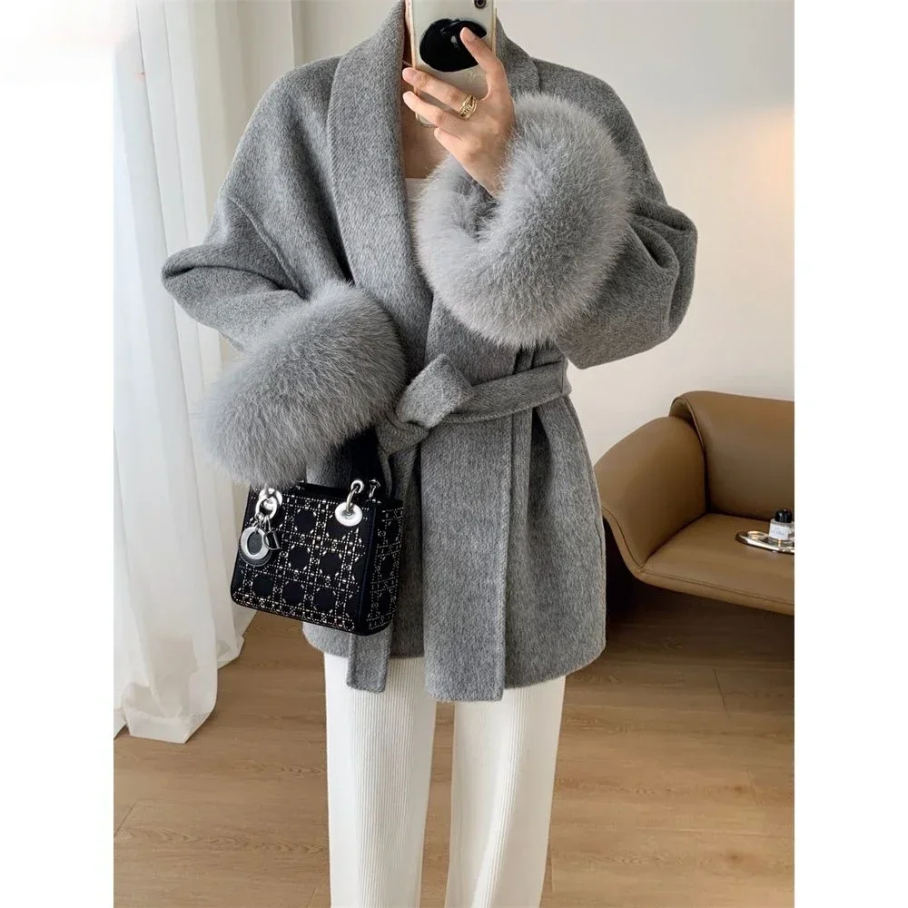 2024 Autumn and Winter New Korean Version of Solid Color Fashion Strap Waist Woolen Loose Cloak Coat Casual Fashion Tweed Y218