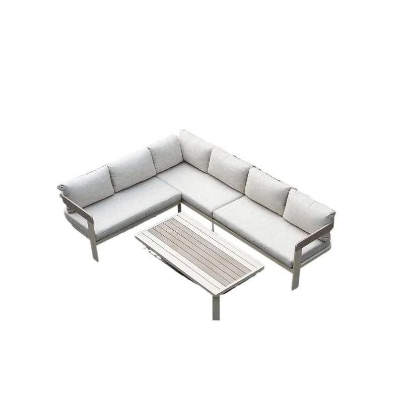 All aluminum alloy wood grain outdoor corner sofa, casual table and chair combination