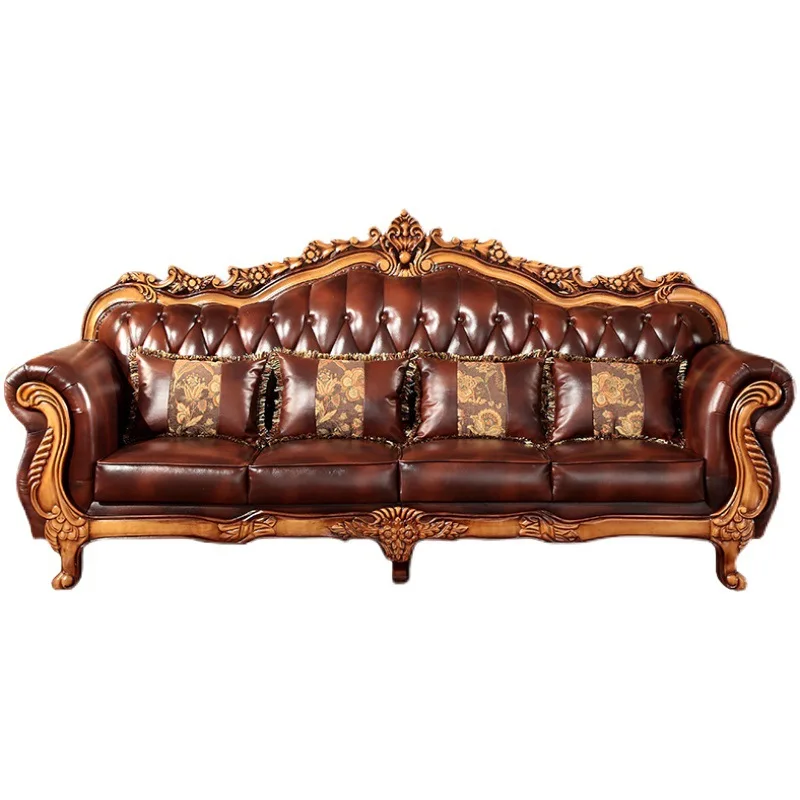European leather sofa combination solid wood carving flower dark U-shaped combination
