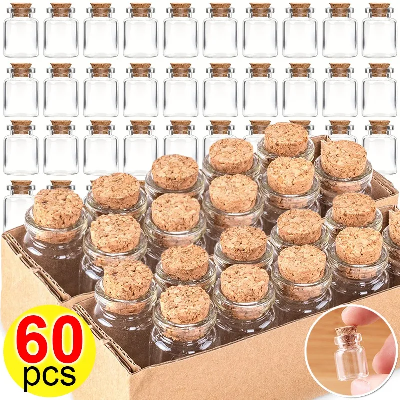 60/10x Transparent Mini Glass Bottles with Wood Cork Stoppers Message Wishing Bottle for Baby Shower Wedding Party Favors Gifts