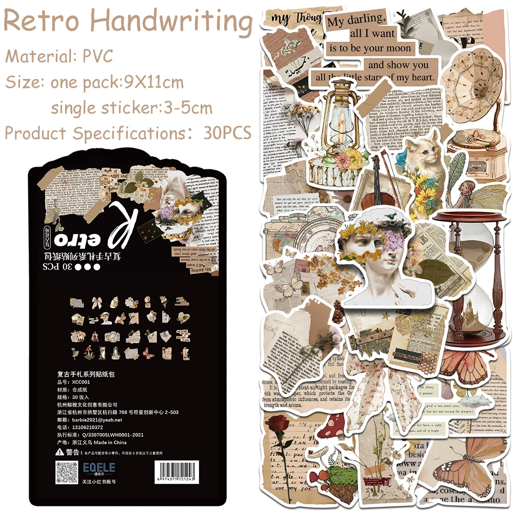 

30pcs/pack INS Style Retro Handwriting Sticker Pack Decals For Laptop Scrapbook Luggage Helmet Aesthetic Stickers Creative Gifts