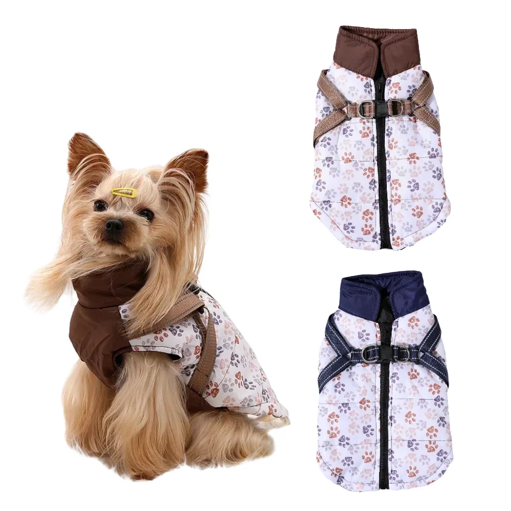 Warme Winter-Hundekleidung für kleine und mittelgroße Hunde, reflektierende Haustierjacke mit Geschirr, süßer Aufdruck, Welpenmantel, Yorkshire-Chihuahua-Parka