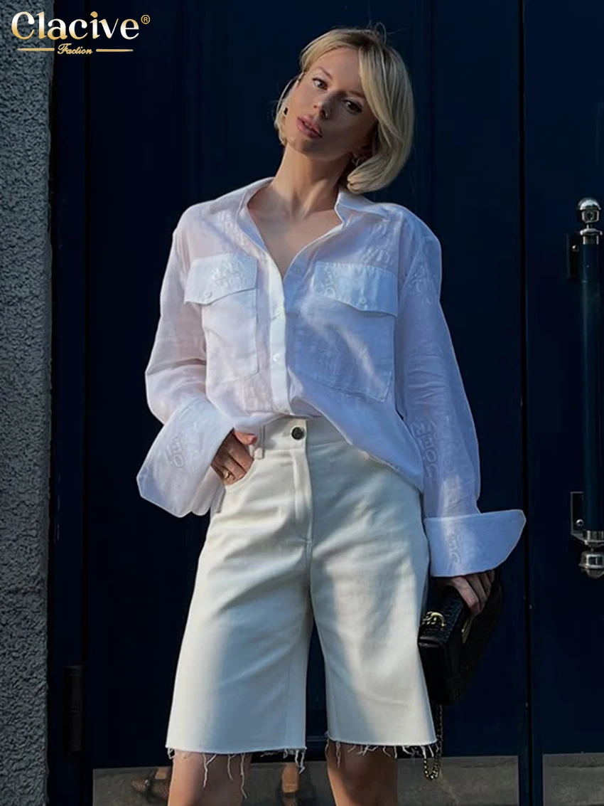Clacive Fashion Loose Print Women's Shirt 2025 Casual Lapel Long Sleeve Blouse Elegant Classic Pockets Top Female Clothing