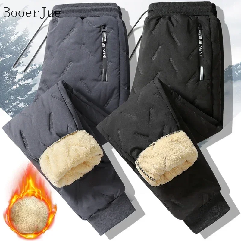 Men Winter Lambswool Plush Thick Sweatpants Waterproof Windproof Thermal Casual Trousers Warm Fleece Lined Cotton Sports Pants