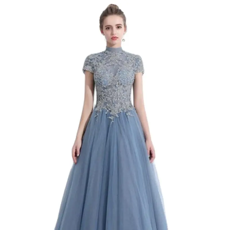 

J2177 Elegant Long Blue Bridesmaid Dress Backless Sexy Illusion Lace Tulle Ball Gown Woman Stand Neckline Party Evening Dresses