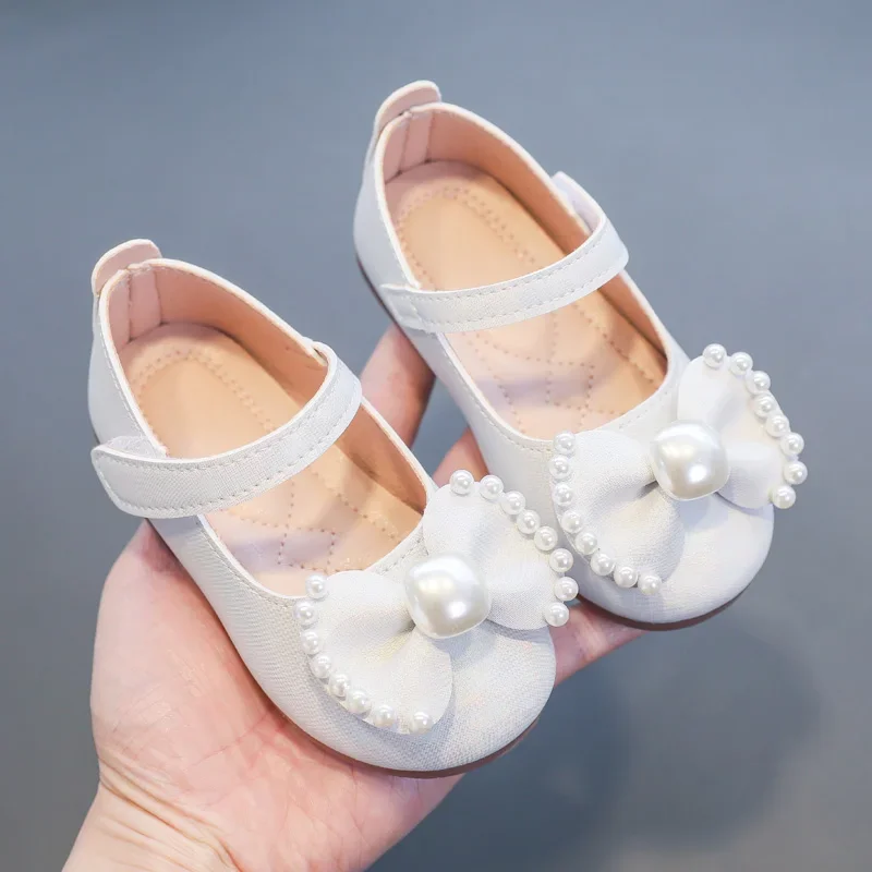 Solid Color Bow Simple Casual Pearl Cute Baby Girl Flats New 2024 Hook & Loop Little Princess Soft Mary Jane Fashion Kids Shoes