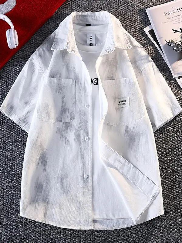 

Summer 2025 Men's Casual Tie Dye Loose Fit ort Sve irt Faionable Versatile Top Stand Cut Polyester Cotton Blend