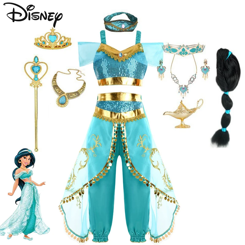 Disney Aladin and The Magic Lamp Jasmine Princess Dress Kawaii Party Carnival Cosplay Aladdin Agic Lamp Girls Costume Wig Sets