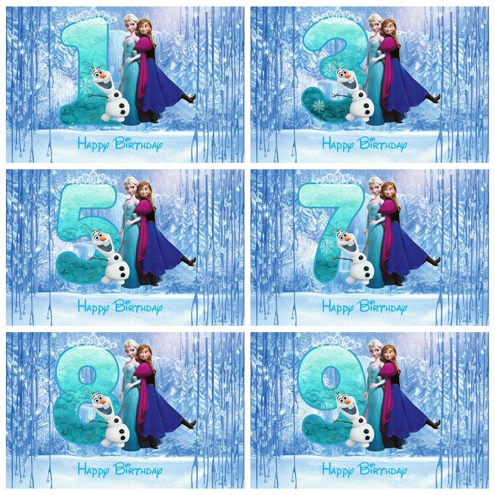 Happy Birthday Backdrop for Girls 1~9 Year Winter Frozen Elsa Princess Photography Background Party Baby Shower Ice Snow Castle