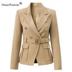 2024 Vintage Fall Autumn Notched Collar Work Lady Solid Slim Jacket Women Quality Blazer Job Blazer With Belt Light Brown