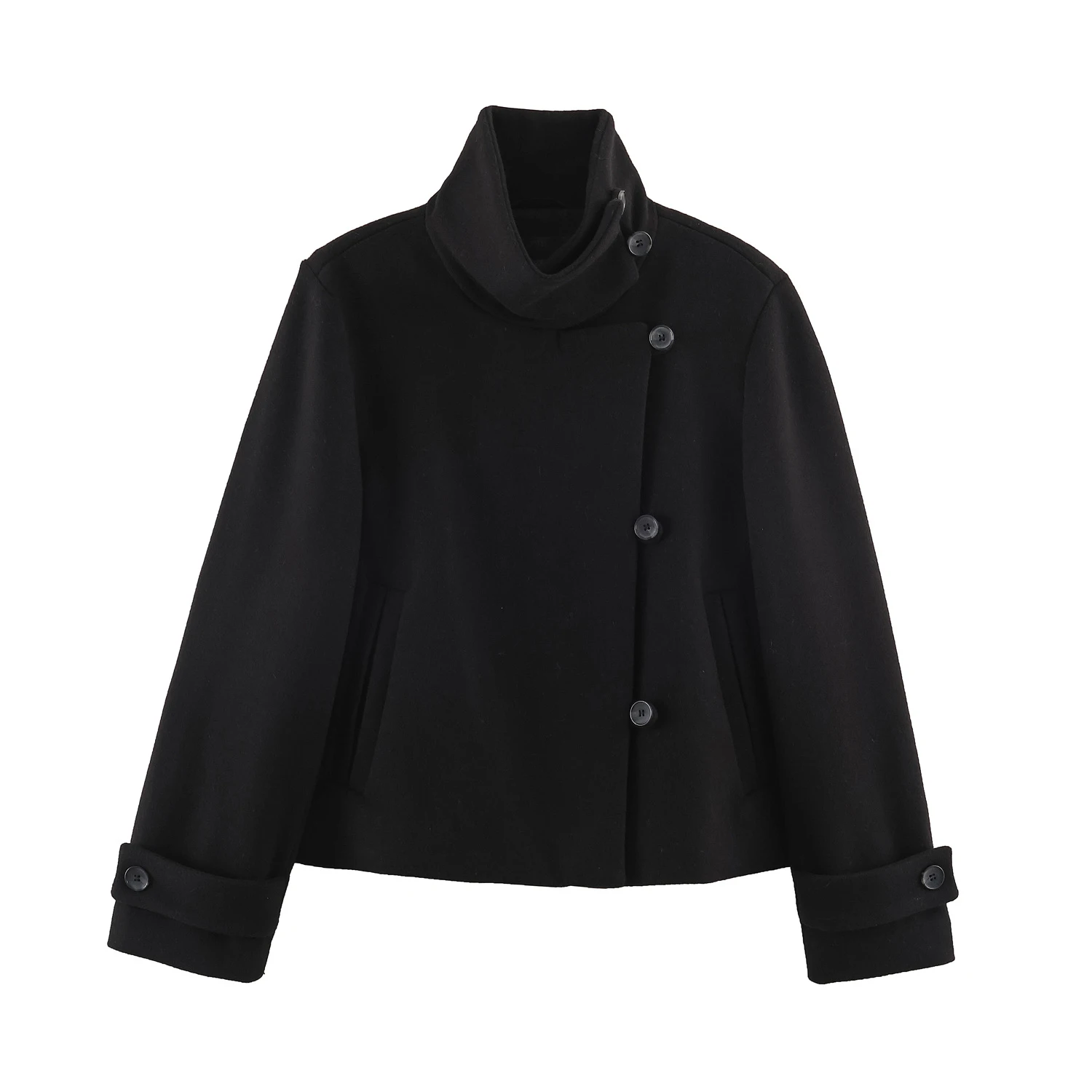 European and American style autumn new product women's long sleeved high neck solid color double breasted jacket jacket