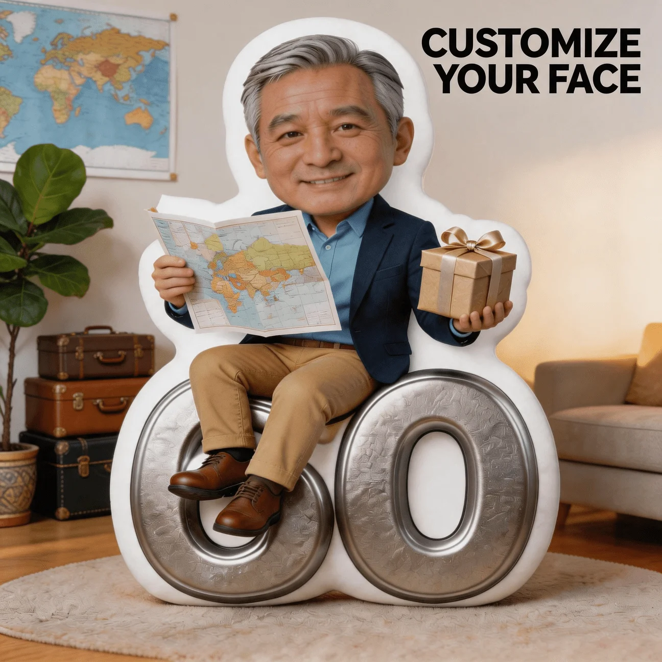 Custom Personalized Photo Face Pillow, 60cm Number Shaped Decorative Cushion, Unique Home Decor Accent Pillow for Sofa & Bedroom