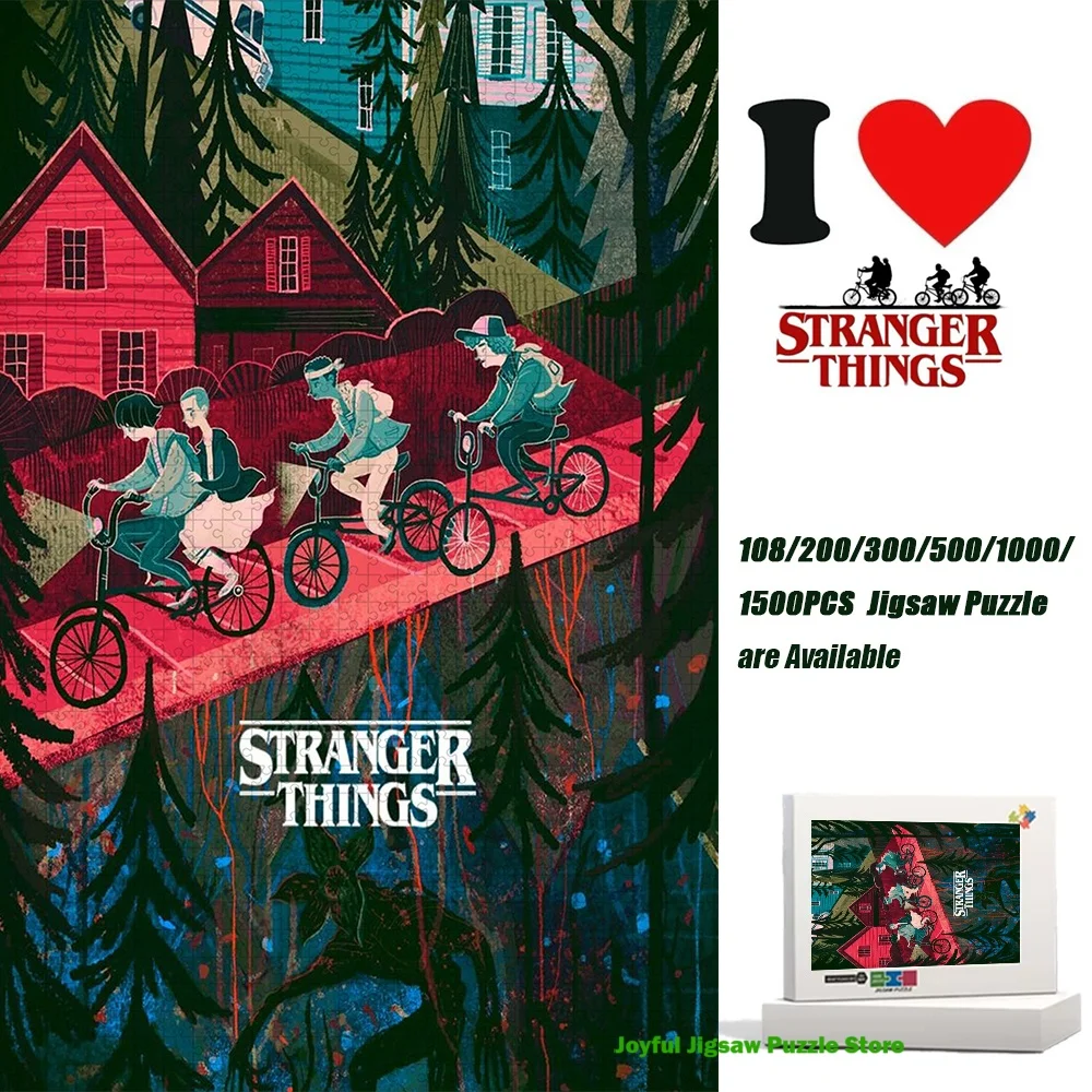 

Stranger Things Jigsaw Puzzle Mike, Will, Dustin and Lucas Ride The Bicyckes In Hawkins Decompression Toy Educational Game Gifts