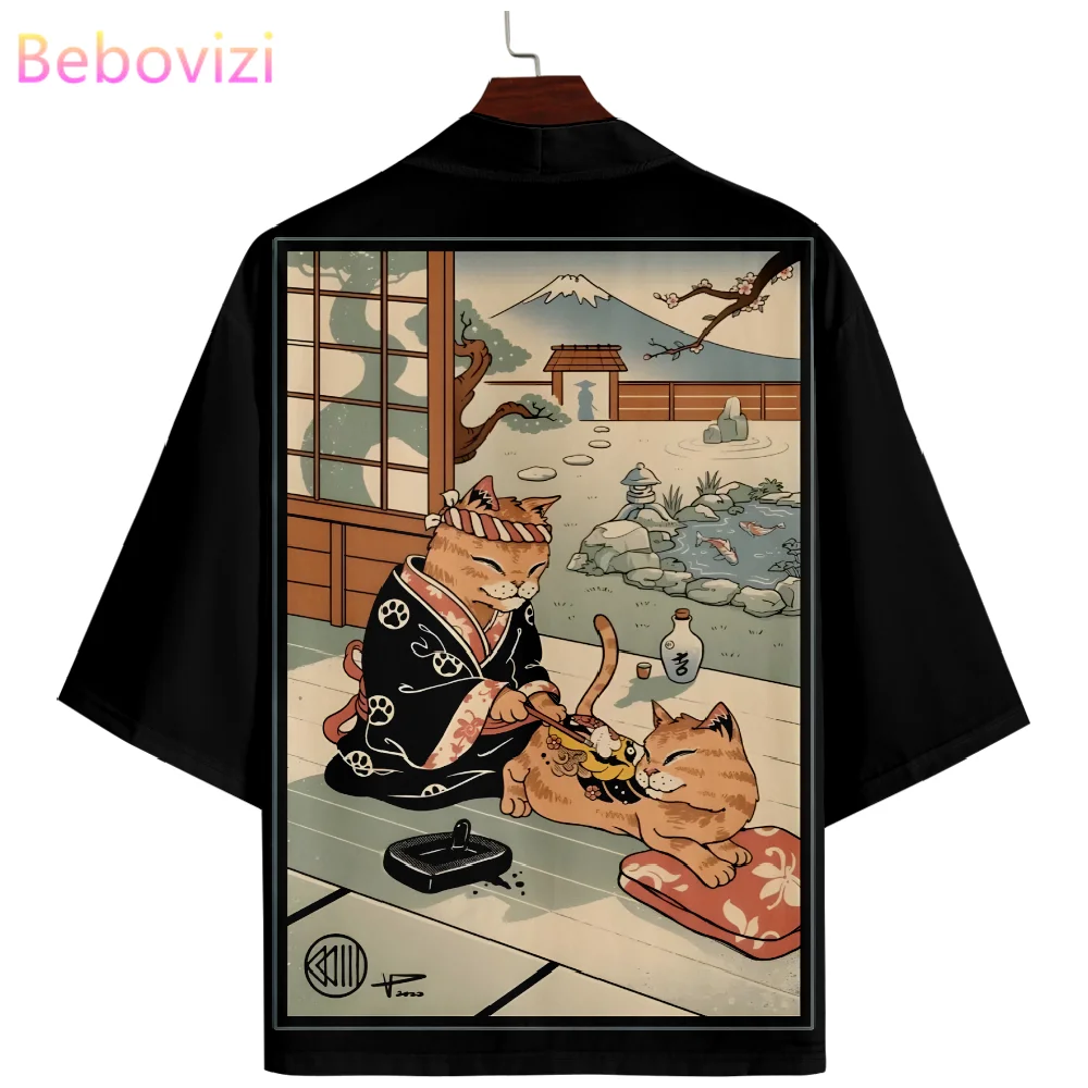 

Asian Clothing for Women Men Cardigan Kimono Ukiyo-e Cat Print Shirts Yukata Plus Size 6XL 5XL Samurai Cosplay Japanese Clothes