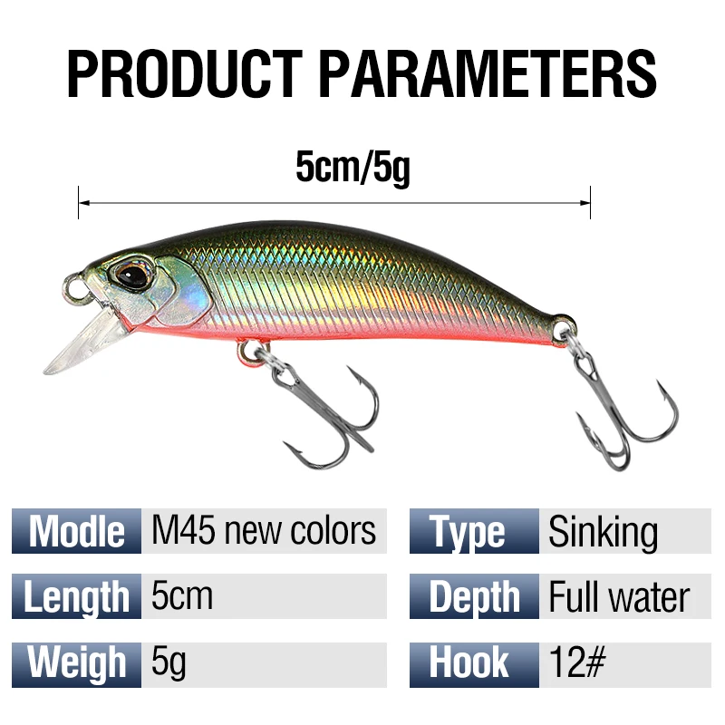 5 Stück/Box Sinking Minnow 3D-Augen Wurfköder Laser Swimbait Forellen-Kunstköder Harter Plastikköder mit 2 Drillingen – Detail 4