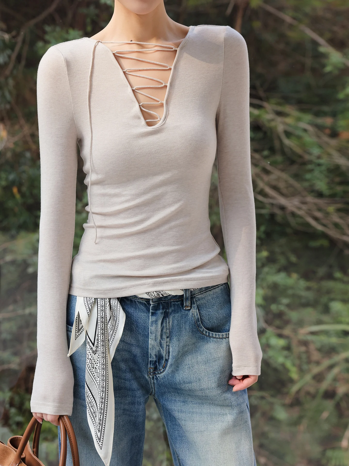 

JWUNIQUE V-Neck T-Shirt Belted Slimming Long Sleeve Naked Series Simple Style Women's Fashion Summer Tops