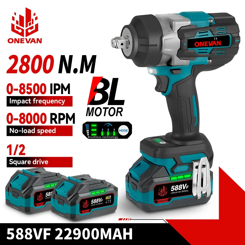 ONEVAN 2800N.M 2800W Brushless Electric Impact Wrench 1/2 Inch Cordless Impact Wrench Screwdriver Tool For Makita 18V Battery