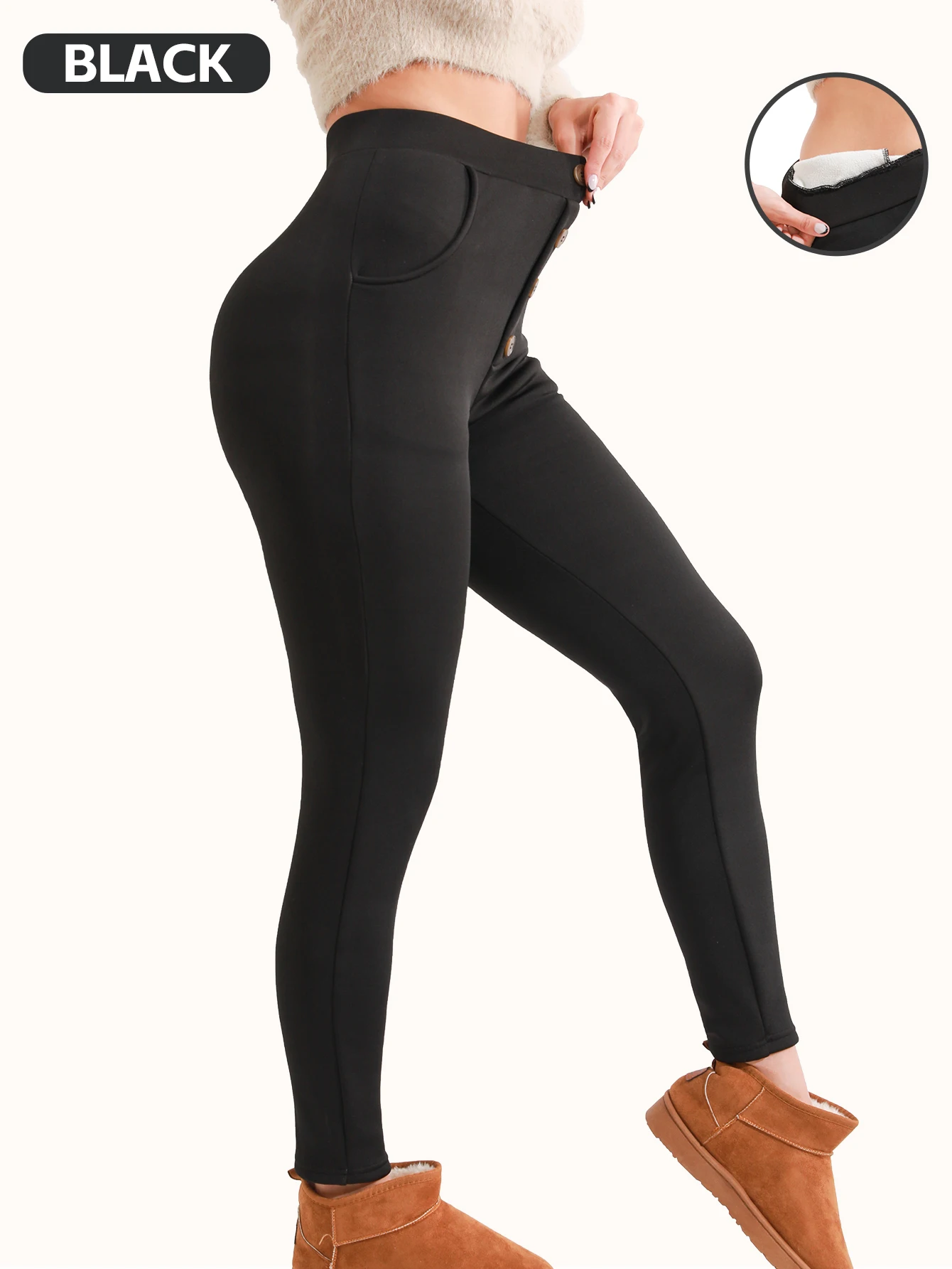 【Winter Style】High - Waist Buttoned Fleece - Lined Leggings for Women, Black, Slim Fit & Warm