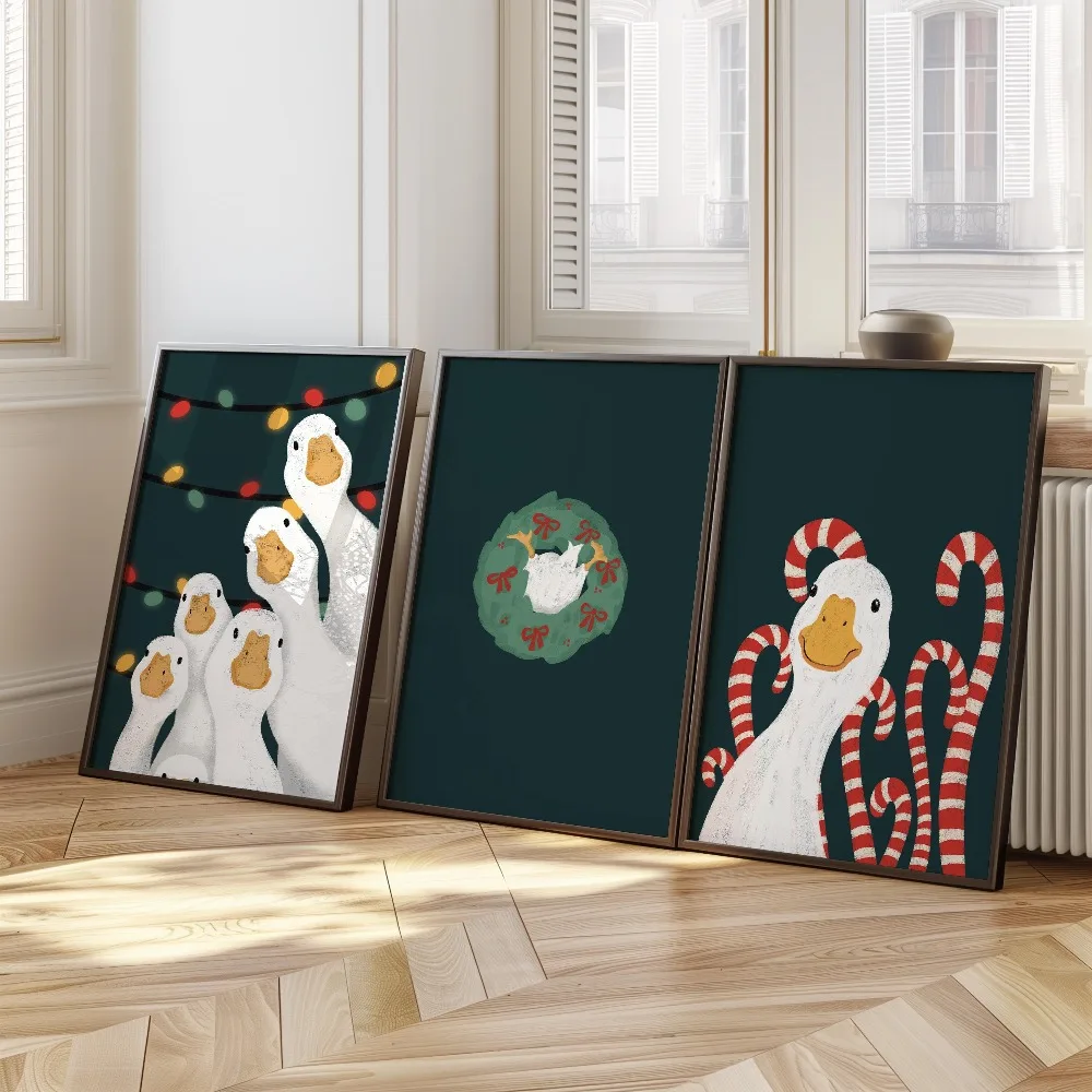 Frameless Printable Christmas Duck Poster, Dark Green, White Duck, Whimsical Holiday, Red Candy Cane, Christmas Gift Decoration