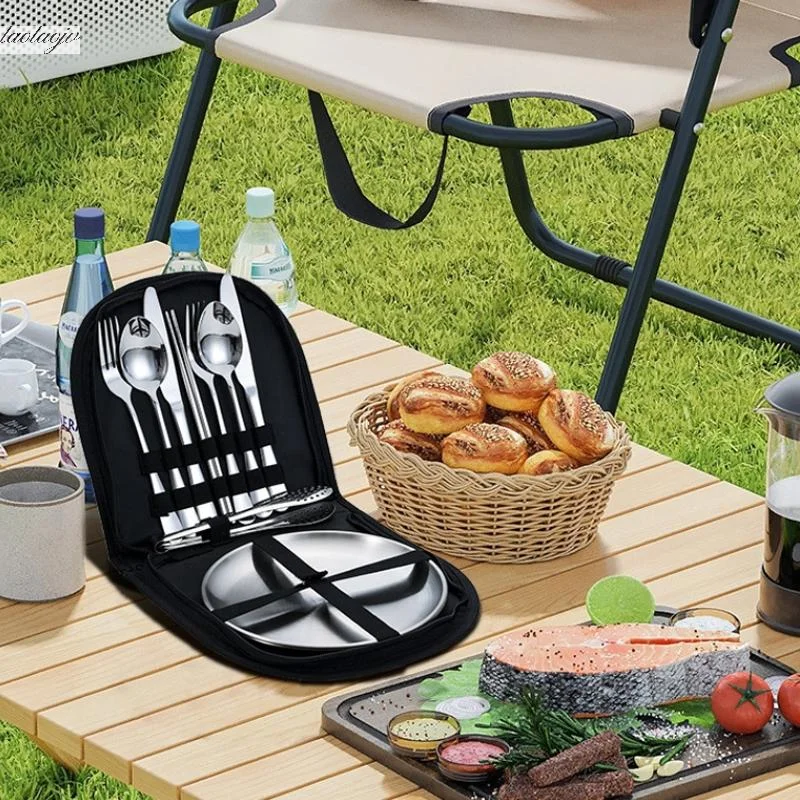 

10Pcs Stainless Steel Plate Spoon Knife Fork Tongs Outdoor Camping Cutlery Organizer Picnic Portable Hiking Utensil Set
