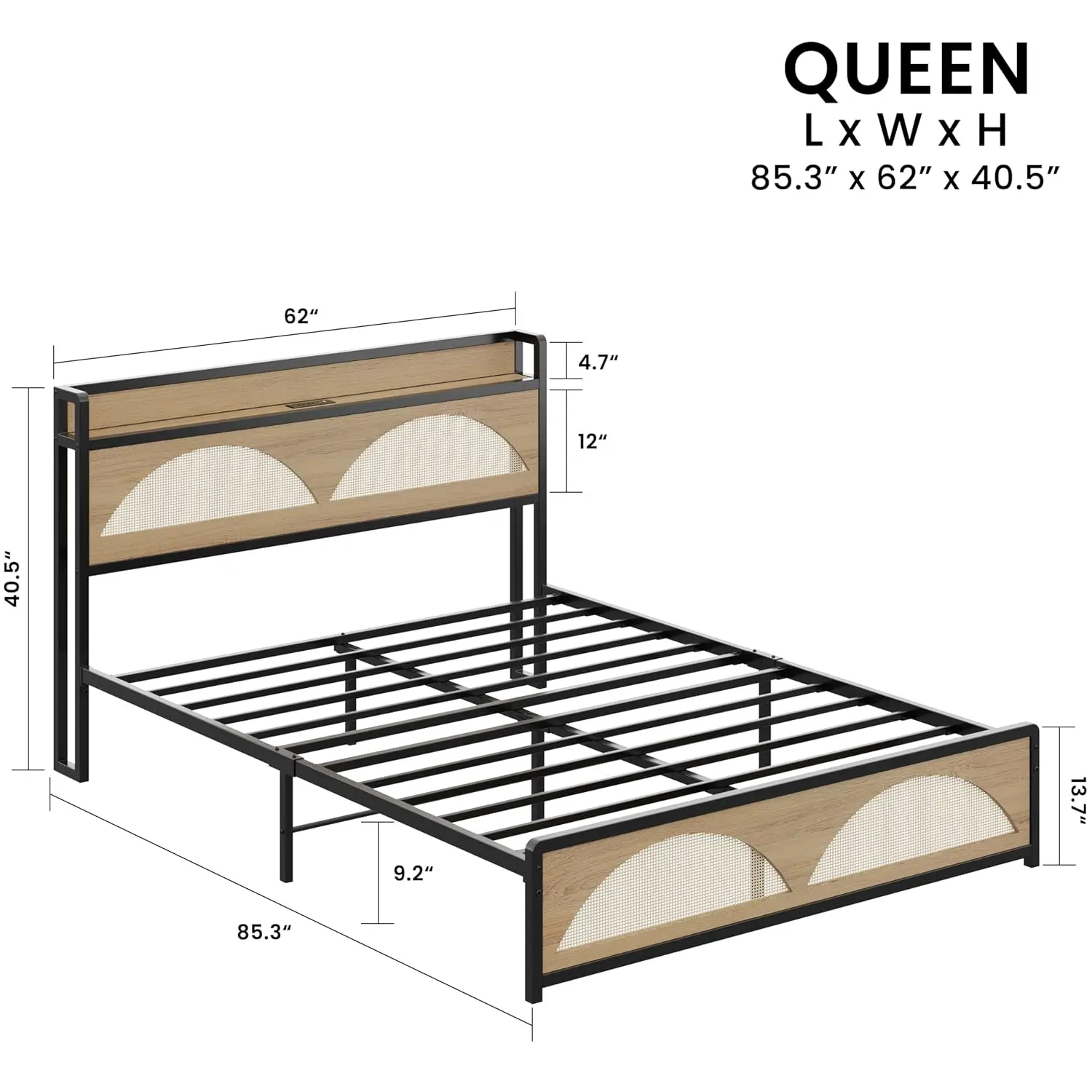 Rattan Queen Bed Frame with Headboard, LED Lights & Charging Station, Metal Slat Platform, No Box Spring Needed, Easy Assembly,