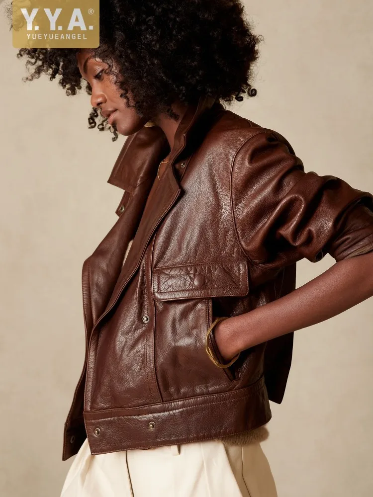 Fashion Retro Women Short Windbreakers Cow Genuine Leather Jacket Lapel Single Breasted Loose Fit Casual Outerwear Streetwear