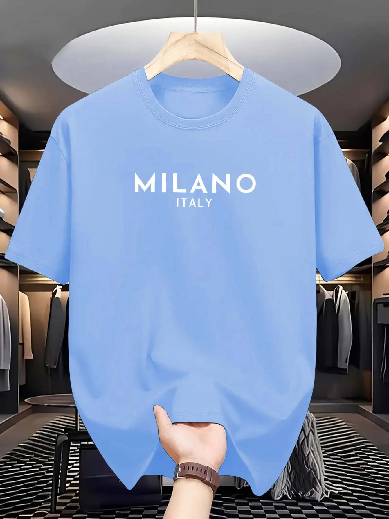 Summer men's 100% pure cotton casual loose and fashionable MILANO ITALY letter printed round neck short sleeved T-shirt top image 4