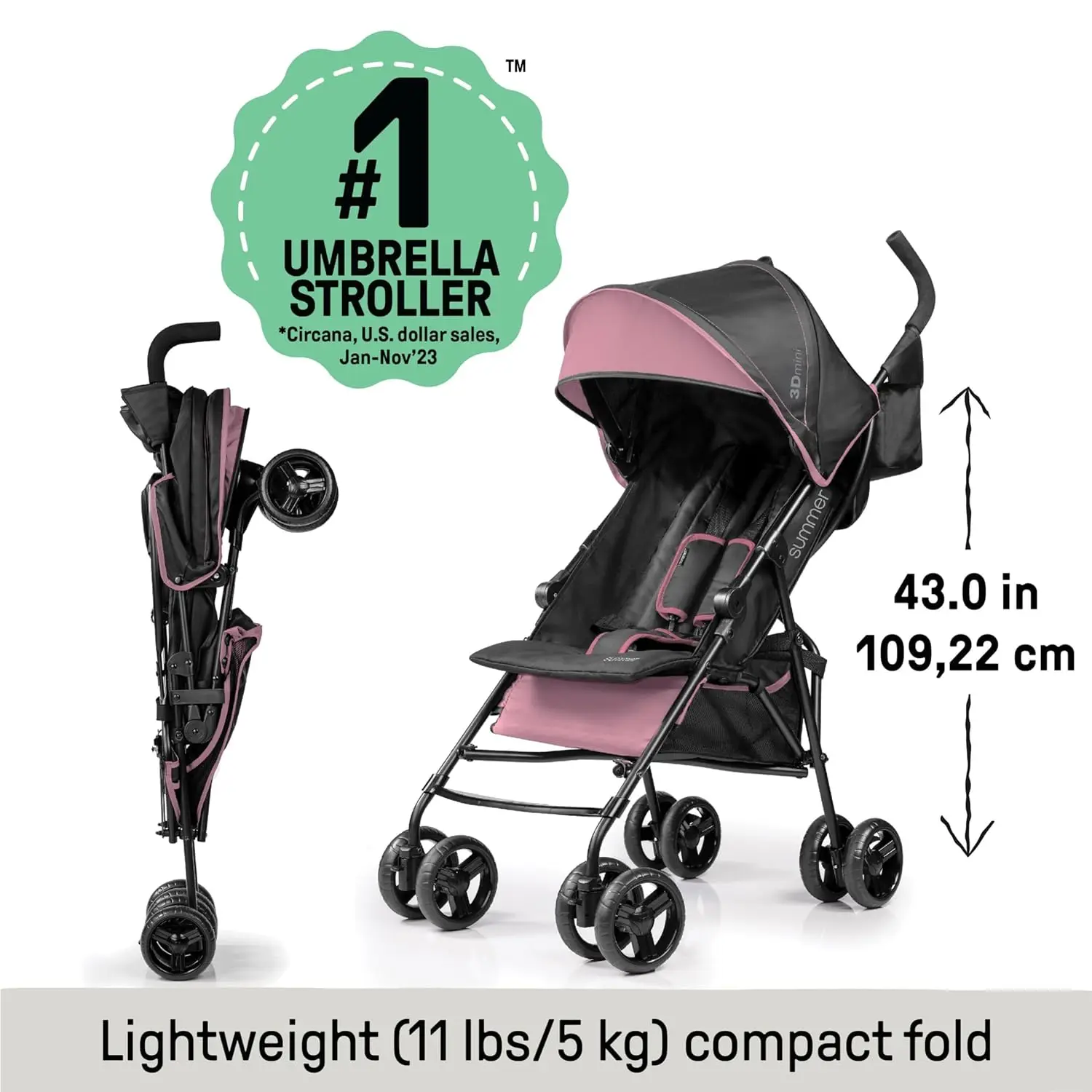 Summer Ingenuity 3D Mini Pink Umbrella Stroller Travel Lightweight Convenient Compact Fold Multi-Position Recline Pop Sun Visor