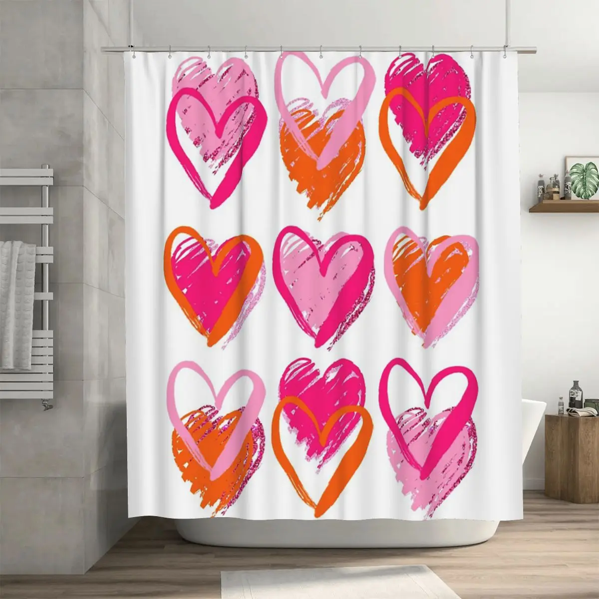 

Занавеска для душа с розовыми и оранжевыми сердечками, полиэстеровая, водонепроницаемая, с крючками