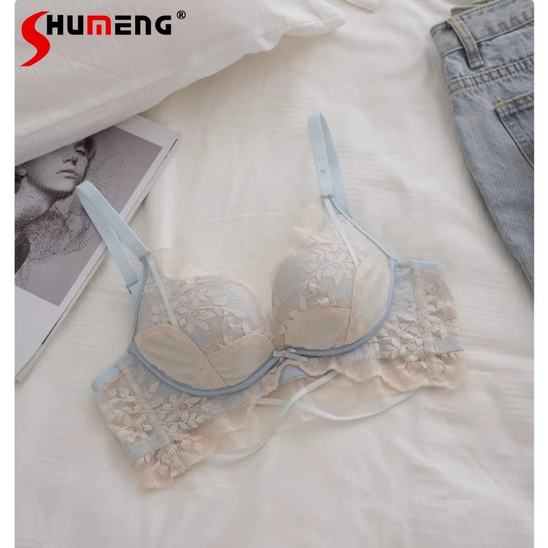 الدانتيل مثير الملابس الداخلية البيضاء مجموعة للنساء الصغيرة الصدر رفع تعزيز العشير الإناث النمط الياباني الصدرية الدانتيل الدعاوى موجز
