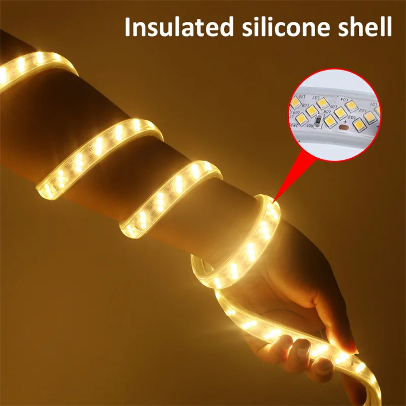 Imagem -04 - Impermeável Led Strip Lights com Plug ue Power Fita Flexível Ribbon Lâmpada ao ar Livre Alto Brilho 220v 2835 180leds por m