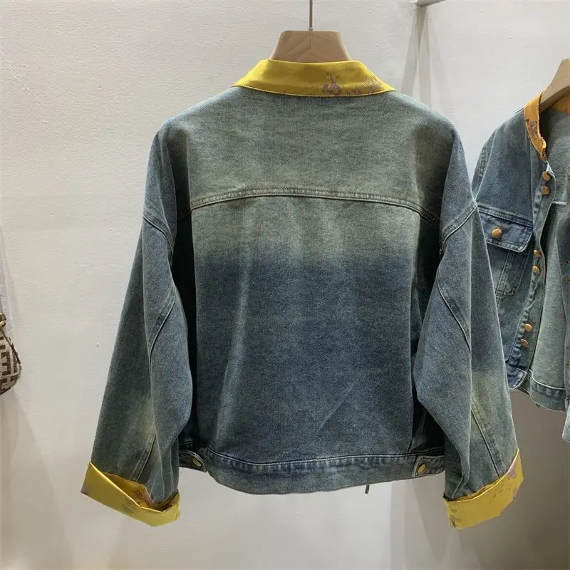 Autumn Guofeng Denim Jacket For Woman 2024Korean short Overcoat Retro Blouses Casual Stitching Stand-Up Collar Coat Buttoned Top