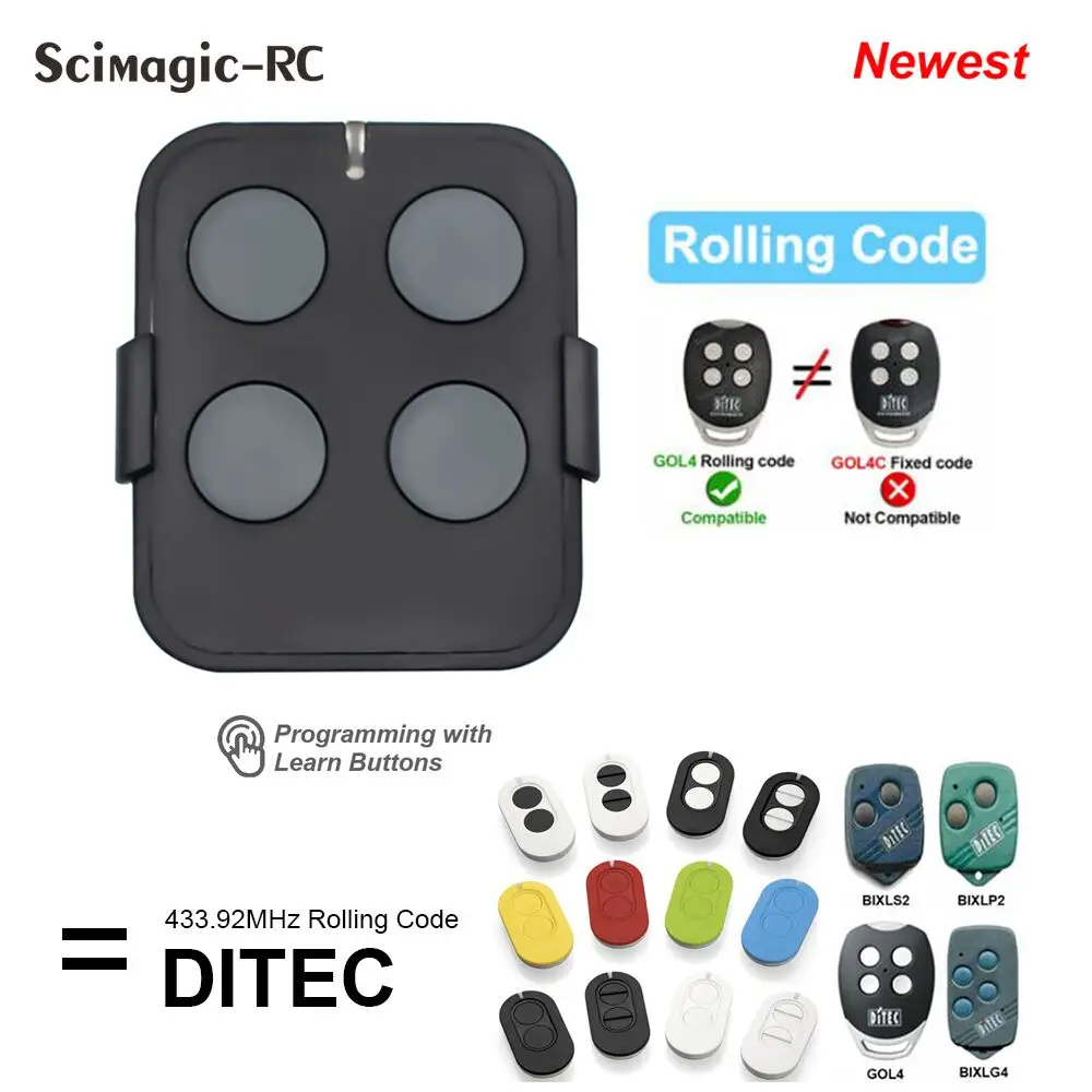 DITEC Entrematic ZEN 2 ZEN4 ZEN2W ZEN4W Gol4 BIXLG4 BIXLP2 BIXLS2 Garage Door Remote Control 433MHz Rolling Code