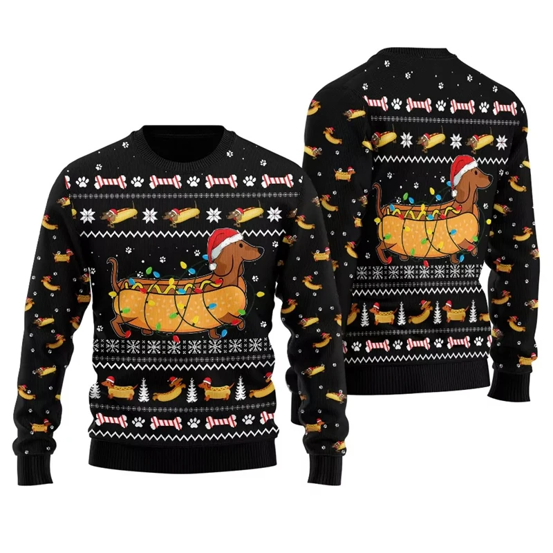 Funny Dachshund Hot Dog Ugly Christmas Sweater Fashion Holiday Xmas 3D Printed Men Women Sweatshirt Loose Harajuku Pullovers