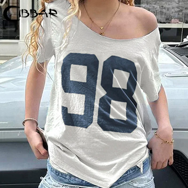 CIBBAR Streetwear Oversized T-shirt Vintage Print Casual Off-shoulder Loose Short Sleeve Tee Shirts y2k Aesthetic Women Clothing