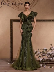 Lucyinlove Elegant Ruffle Sleeve Green Sequins Evening Dresses For Women Mermaid Formal Party Maxi Prom Dresses Cocktail Gown